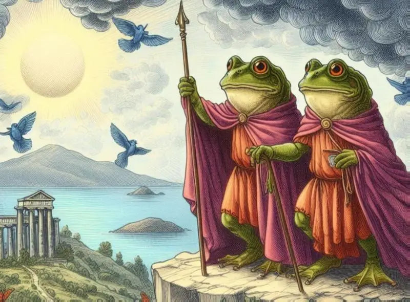 Twee groene kikkers in diepe roze en oranje gewaden met speer en staf op klif in griekse fabel herboren