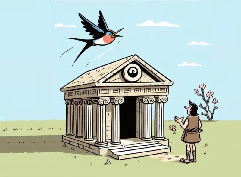 Cartoonillustratie van een klassiek stenen tempel met zuilen en een oogembleem boven de ingang voor griekse spreekwoorden