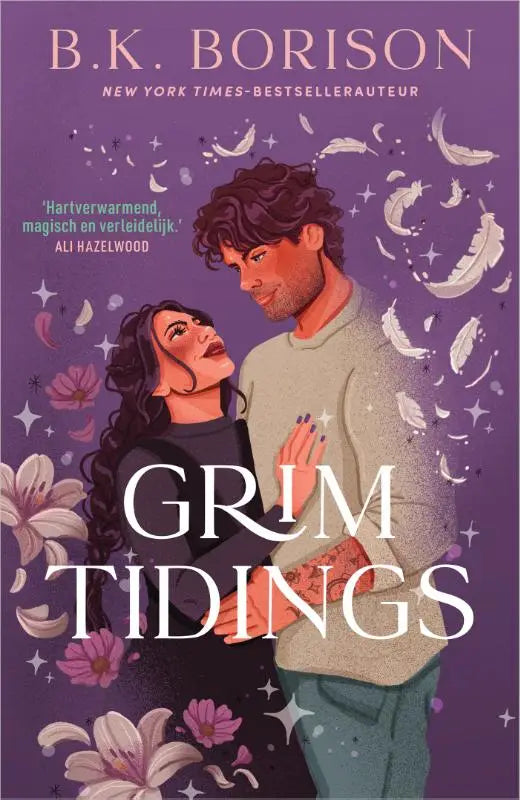 Paars boek Grim Tidings van B.K. Borison met geïllustreerd koppel, veren en bloemen op de omslag