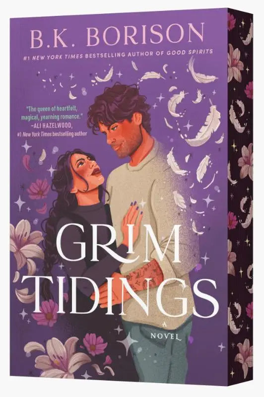 Paars hardcover boek grim tidings van b.k. met thema grim reaper en guardian angel voor liefhebbers van grimmige verhalen