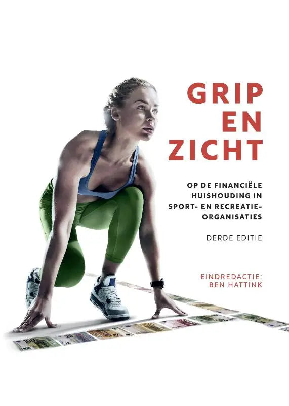 De boekcover grip en zicht toont een vrouw in groene legging en blauwe sportbh voor bedrijfskunde hoger onderwijs