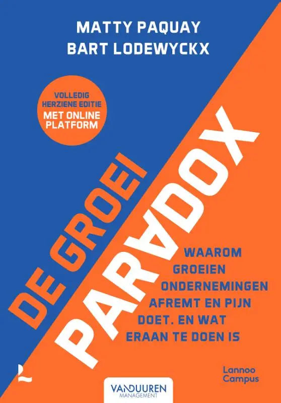 Boekcover van groeiparadox met blauwe en oranje achtergrond en tekst over waarom groeien ondernemingen afremt