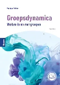Witte en blauwe stof met golfpatroon en tekst groepsdynamica van monique bekker voor hoger onderwijs bij koninklijke boom uitgevers