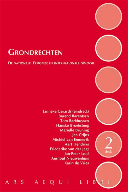 Red boekcover grondrechten met witte tekst en vijf perzikkleurige cirkels verticaal ars aequi handboeken janneke gerards