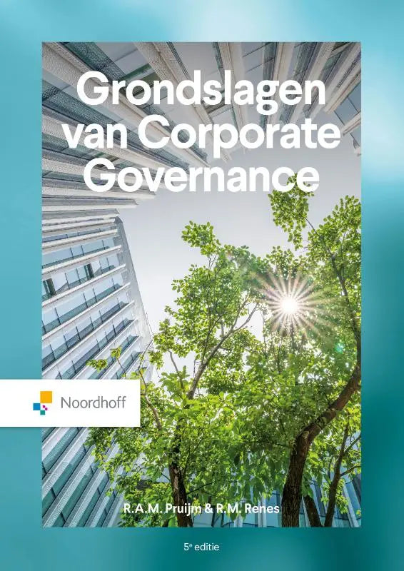 De boekcover van grondslagen van corporate governance toont moderne gebouwen en groene bomen voor bedrijfskunde hoger onderwijs