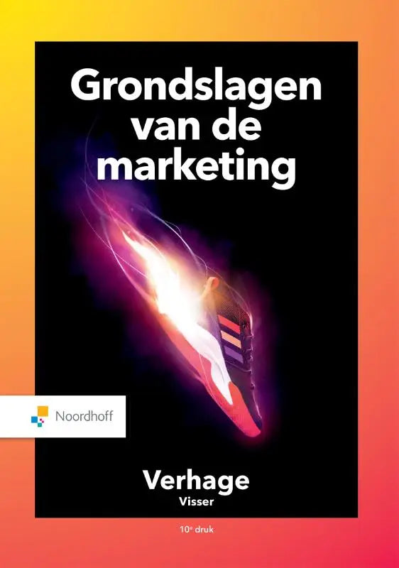 Zwart boekcover van grondslagen van de marketing met een gloeiende sneaker in rood en wit door bronis verhage en marjolein visser