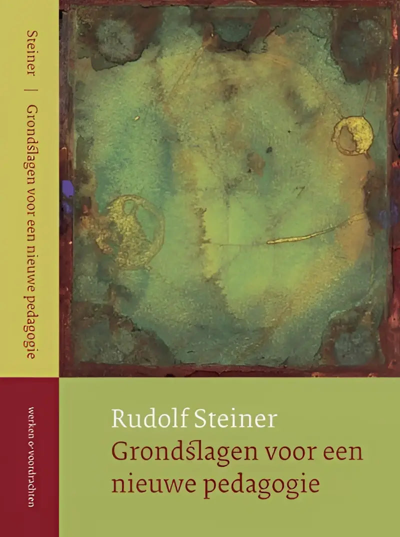 De boekcover van grondslagen voor een nieuwe pedagogie toont een abstract ontwerp in groene en bruine tinten met gouden accenten