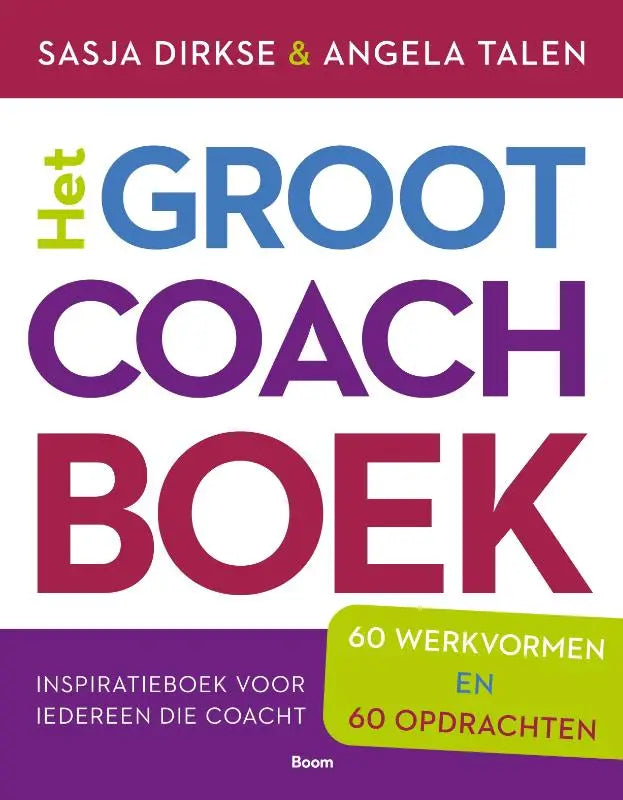 De groot coachboek boekhoes toont kleurrijke typografie met blauwe en paarse letters van angela talen en sasja dirkse