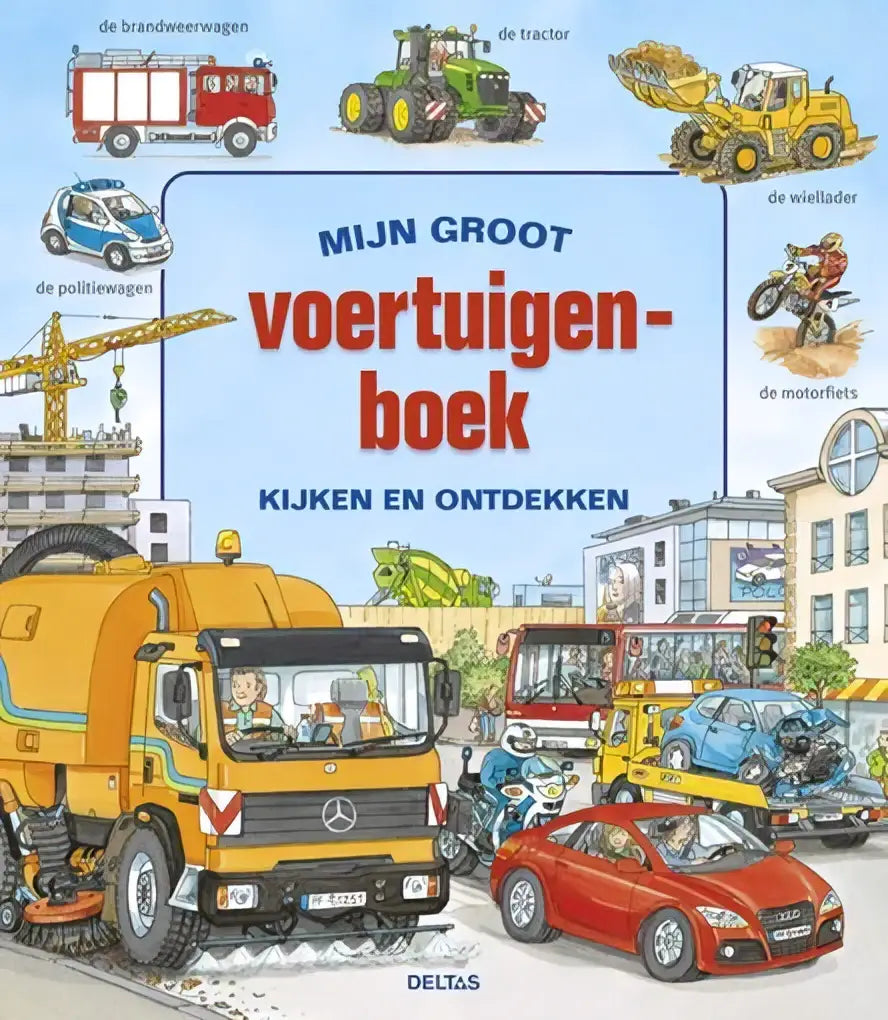 Gele mercedes-benz vuilniswagen met grote bezem en zwarte rubberen banden in het groot voertuigenboek van kristoff willekens binnen kleuterboeken