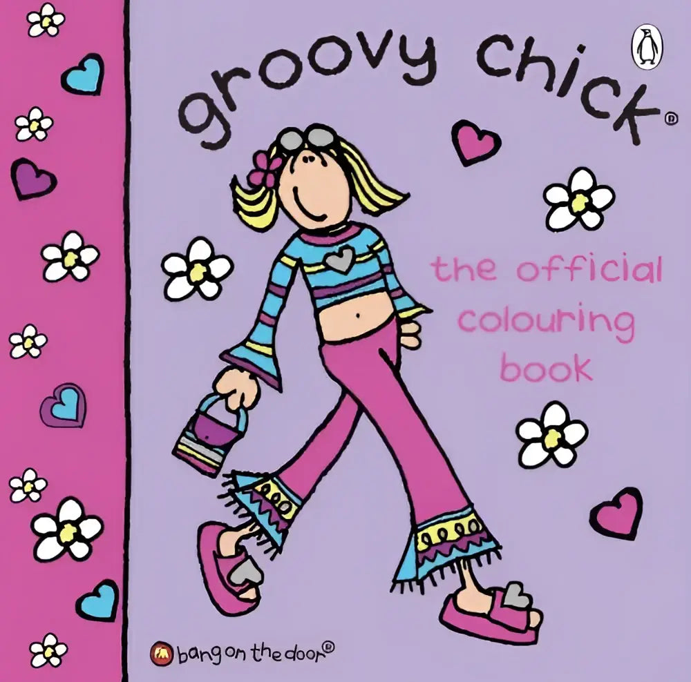 Cover van groovy chick the official colouring book met cartoonmeisje in roze broek en gestreept shirt met paars tasje