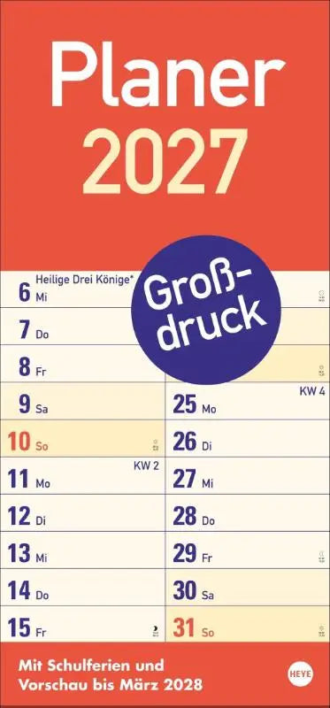 Rood 2027 grootletter planner met blauwe badge grootdruk praktische wandplaner met extra grote tekst voor muur