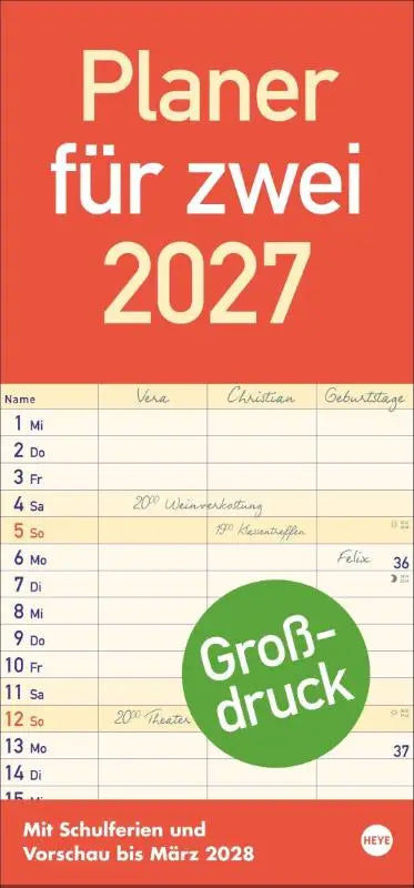 Rood praktisch wandplaner voor zwei 2027 met grootdruk, grid lay-out en gele en witte tekst in crème blokletters