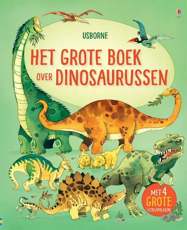 Het grote boek over grote dinosaurussen bevat een kleurrijke illustratie van grote dinosaurussen voor jonge lezers