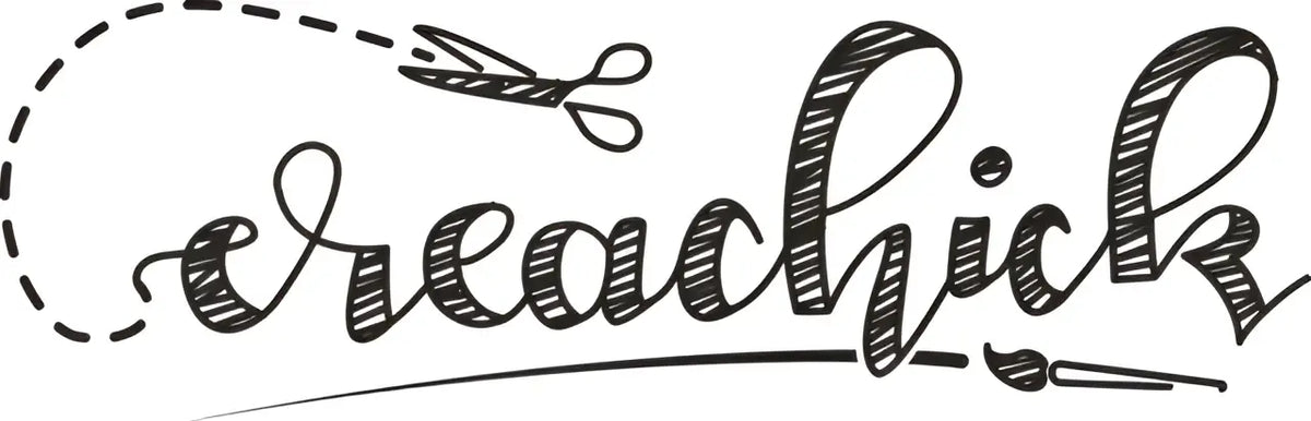 Zwart handgetekend creatief logo creachick met schaar en naald voor het grote creaChick doeboek 2 nieuwe creatieve opdrachten