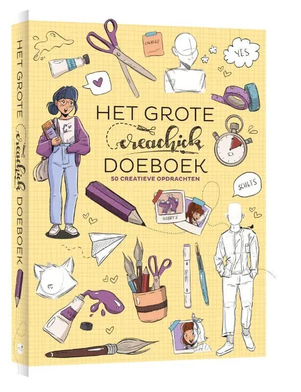 Gele geïllustreerde grote creachick doeboek met creatieve opdrachten en tekeningen van knutselmaterialen en cartoon