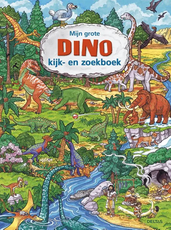 Kleurijk geïllustreerd grote dino kijk- en zoekboek voor jonge lezers met dinoprijhistorische dieren en jungle achtergrond