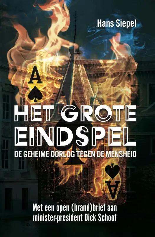 Het boek grote eindspel toont een gotisch gebouw in vlammen en symboliseert de geheime oorlog tegen de mensheid