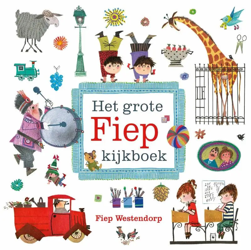 Kinderen boek cover van het grote fiep kijkboek met rode en zwarte tekst en lichtblauwe franjes voor jonge lezers