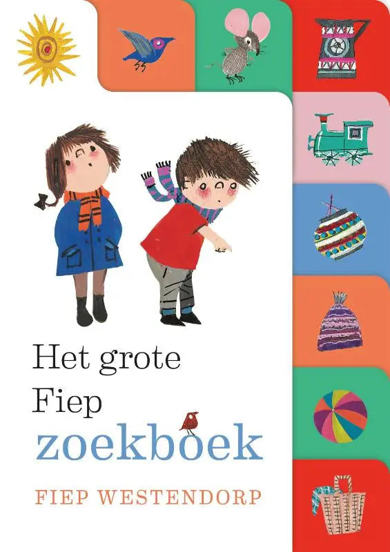 De cover van het grote fiep zoekboek door fiep westendorp met geïllustreerde kinderen en kleurrijke iconen op witte achtergrond