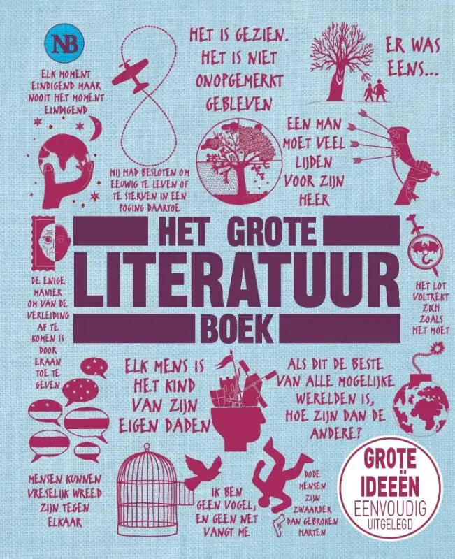 De cover van het grote literatuurboek toont een lichtblauwe textuur met maroon en donkerpaarse tekst en illustraties