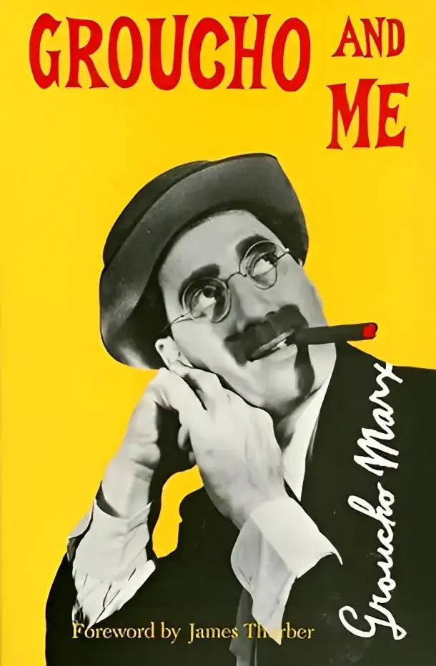 Gele boekomslag met zwart-witte illustratie van groucho marx met hoed, bril en sigaar voor marx brothers groucho and