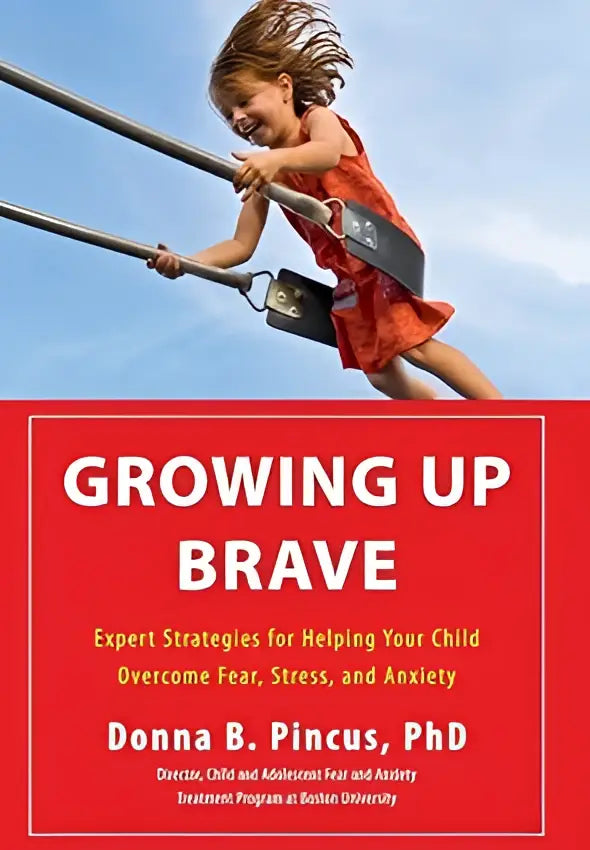 De boekcover van Growing up brave toont de titel in wit op een rode achtergrond met auteursnaam en credentials