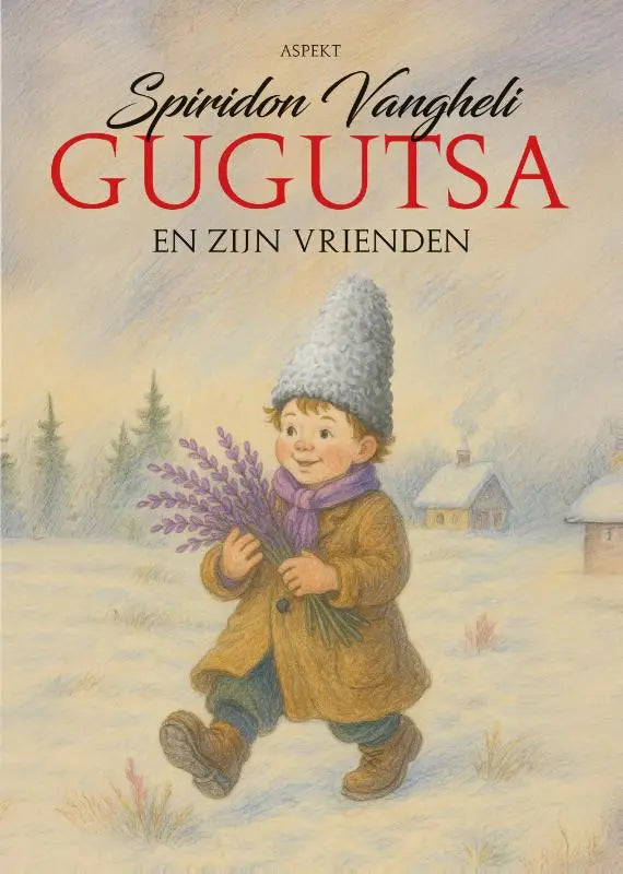 Een vrolijk kind in een sneeuwlandschap met een hoge grijze pluchen hoed en paarse sjaal uit gugutsa voor jonge lezers