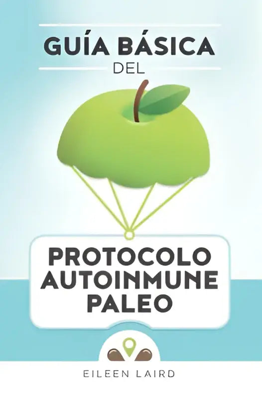 Groene appelvormige logo met bruine steel en blad hangend aan parachutelijnen tegen lichtblauwe achtergrond voor del protocolo autoinmune paleo gids