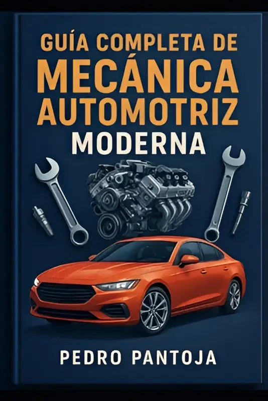 Het boek guía completa de mecánica automotriz toont een levendige oranje sedan met een modern design en chroomaccenten