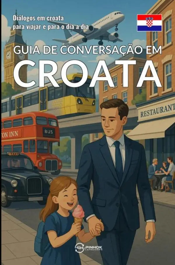 Een levendige geïllustreerde boekcover van guia de conversação em croata met man en meisje voor croata para viajar