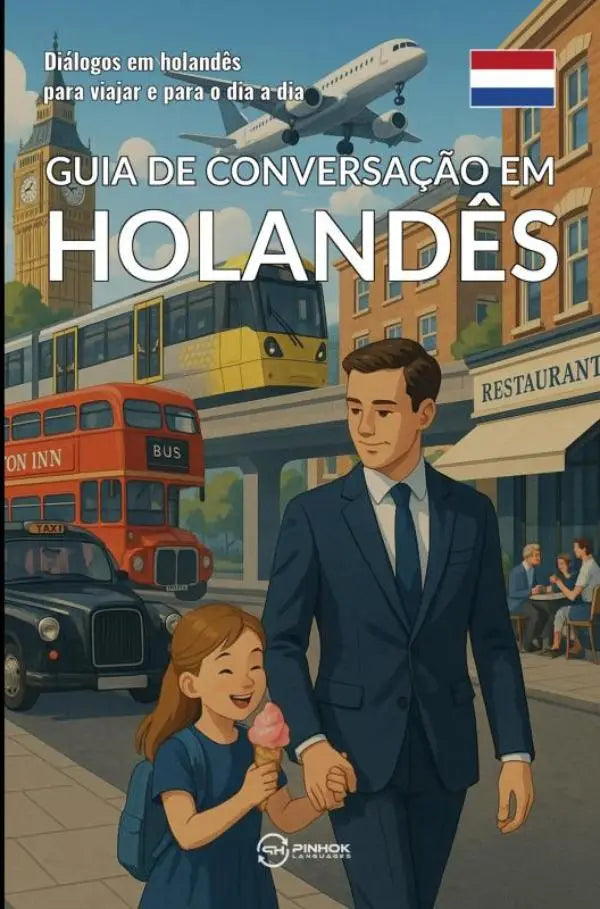 Vibrante geïllustreerde gids de conversação em holandês met man en meisje op straat voor holandês para viajar