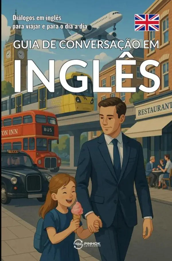 De gids de conversação em inglês mostra homem e menina andando em londres com big ben e ônibus para viajar e diálogos em inglês