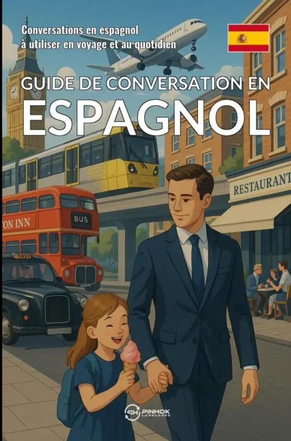 Vibrante illustratieve boekomslag met man en meisje hand in hand voor Europese straatbeelden guide de conversation en espagnol à utiliser