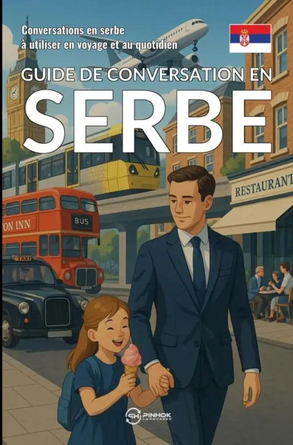 Vibrante geïllustreerde boekcover guide de conversation en serbe met man en meisje hand in hand serbe à gebruiken