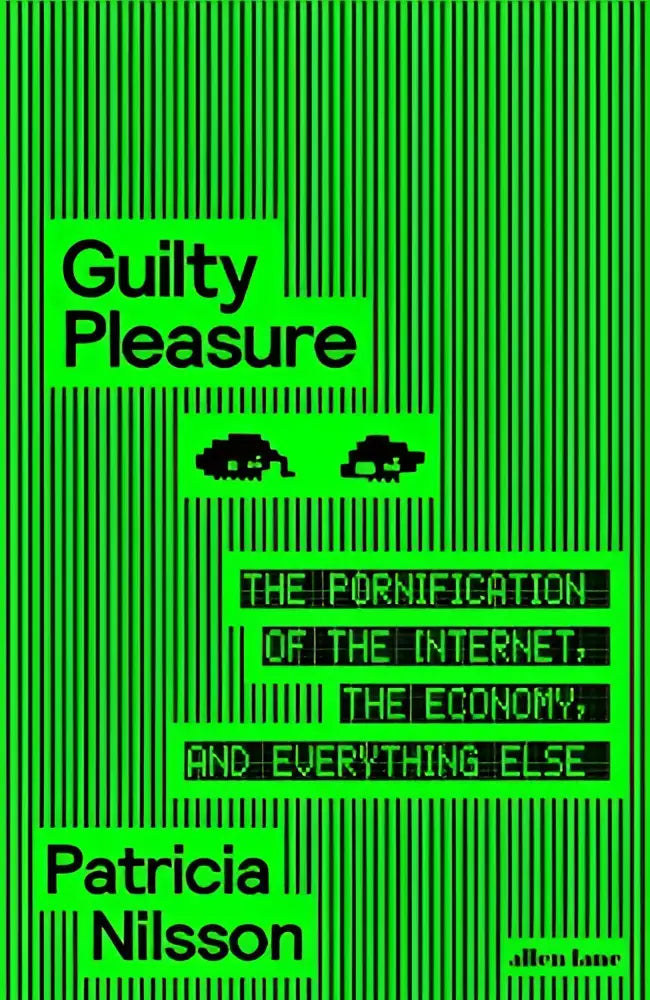 Groen boekomslag van guilty pleasure door patricia nilsson met zwarte tekst en gepixelde olifant graphics van allen lane