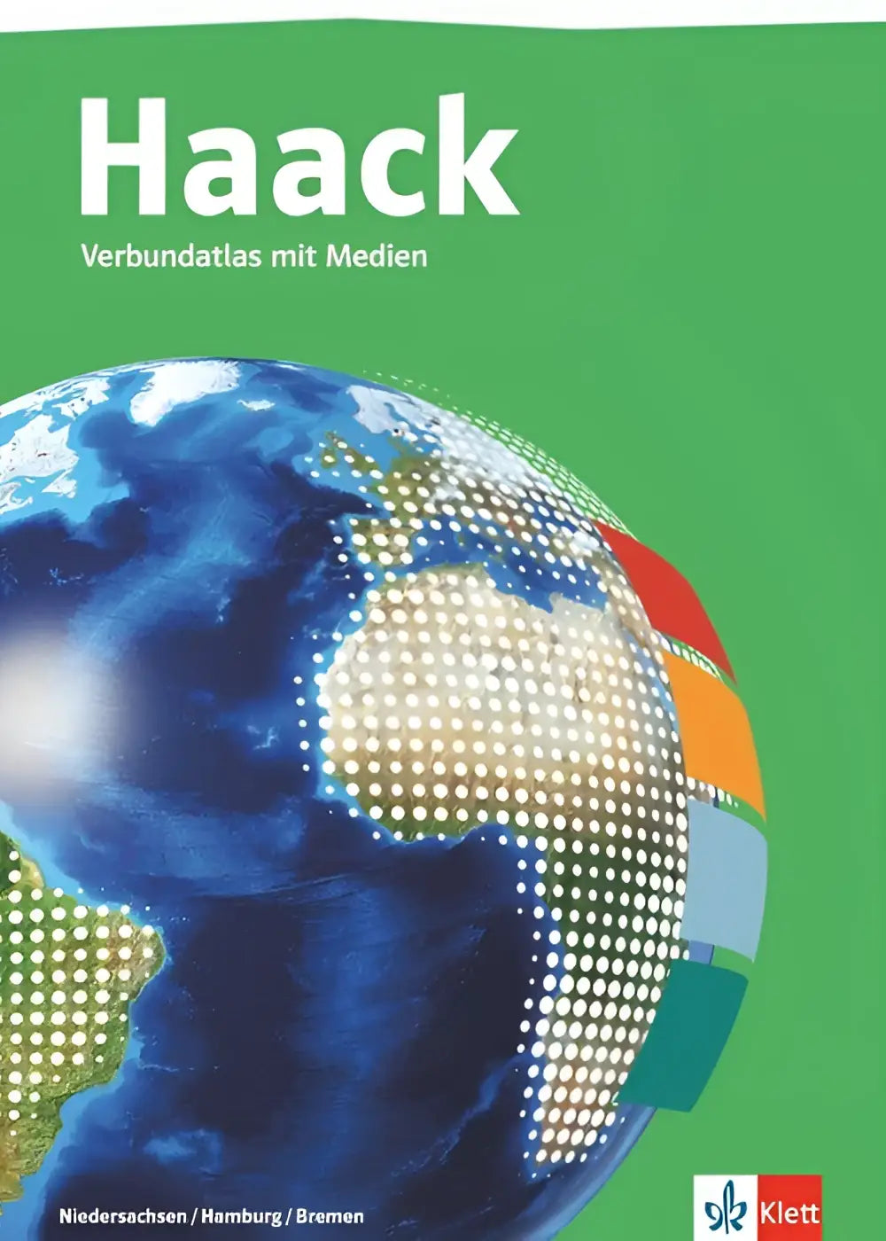 Groen bedekte haack verbundatlas atlas mit medien met gestileerde globe en kleurrijke strepen uitgabe niedersachsen sekundarstufe