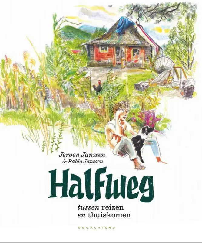 De cover van het boek Halfweg - Tussen reizen en thuiskomen toont een rood houten huis met een rieten dak en bloemen