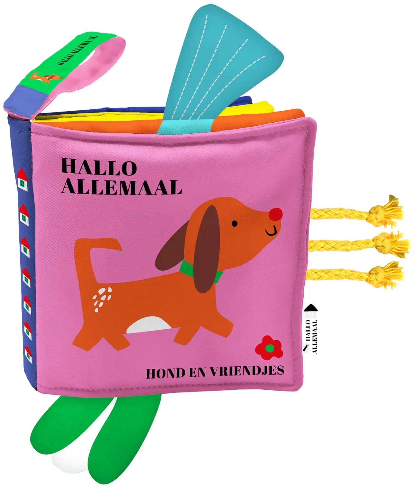 Roze stoffen babyboek hallo allemaal hond en vriendjes met cartoon oranje hond kleurrijke vilten tabs en gele tassels voor jonge lezers
