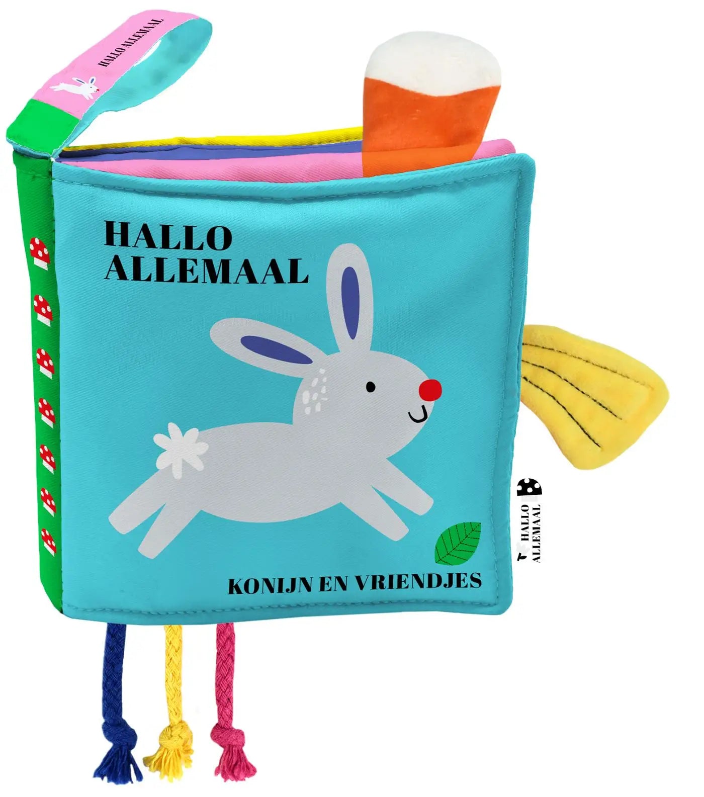 Een zachte blauwe stoffen babyboek met konijnillustratie en speelse pluche elementen voor jonge lezers