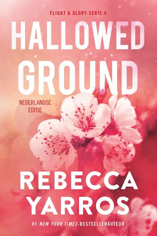 Pink cherry blossoms with white petals and red stamens decorate the cover of hallowed ground by rebecca yarros