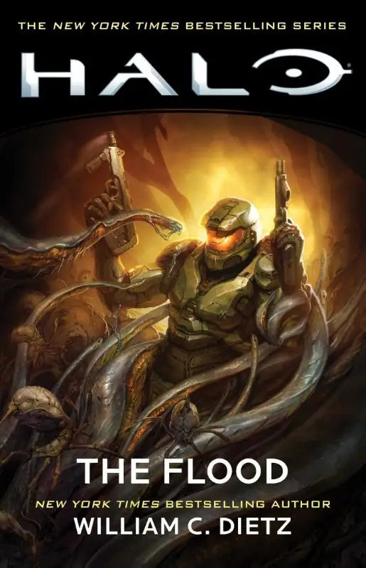 De flood boekcover toont een groene gewapende spartan tegen een donkere achtergrond met oranje licht in halo the flood