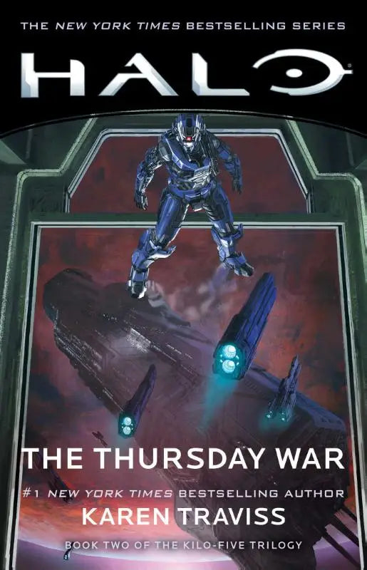 Blauw gepantserde spartan staat op een oorlogsschip op de cover van the thursday war boek twee van de kilo-five trilogie