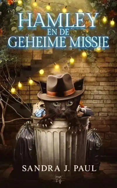Het boek hamley en de geheime missie toont een vintage kat in bruine fedora op een oude afvalcontainer