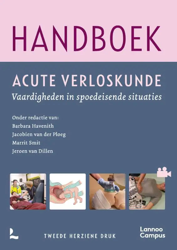Cover van het handboek acute verloskunde met paarse letters op roze achtergrond gericht op spoedgevallen vaardigheden