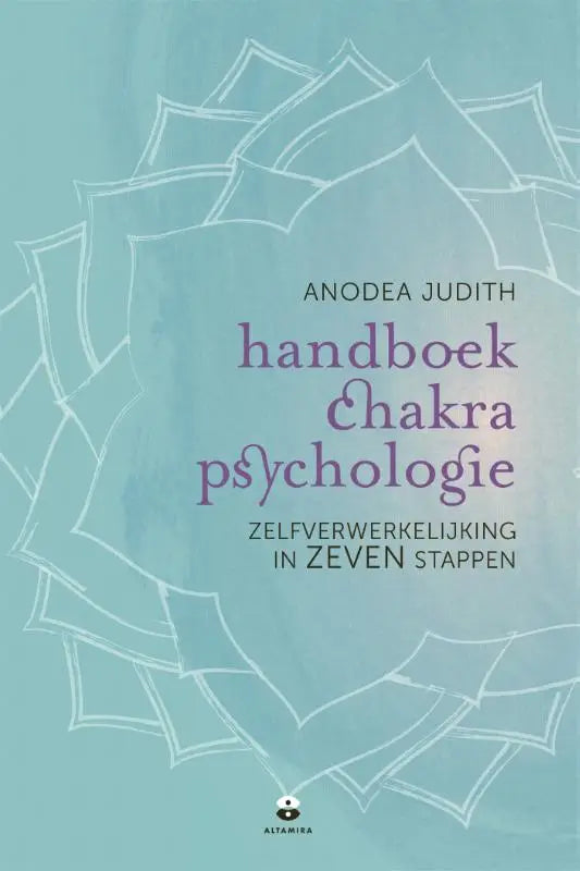 Een zacht teal boek met een witte lotuslijntekening en de titel handboek chakrapsychologie in paarse en zwarte tekst