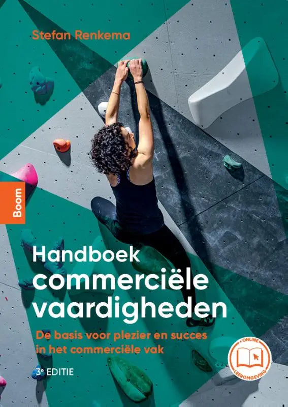 Cover van het handboek commerciële vaardigheden door stefan renkema met een klimmer op een kleurrijke boulderwand