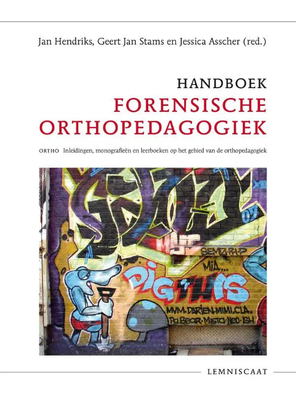Handboek forensische orthopedagogiek boekomslag met kleurrijke graffiti muurschildering in paars en geel op bakstenen muur