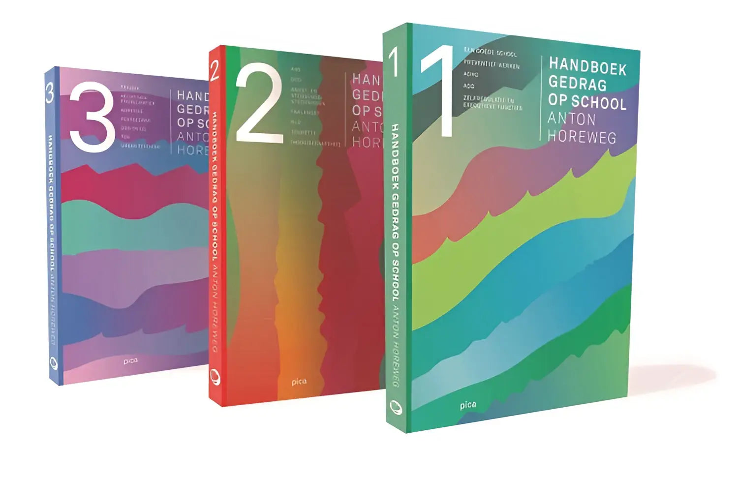 Drie hardcover handboek gedrag boeken in golfvormige kleurgradients van anton horeweg complete set