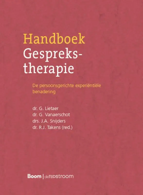 Boekomslag handboek gesprekstherapie met persoonsgerichte experiëntiële benadering in geel en wit op rode achtergrond