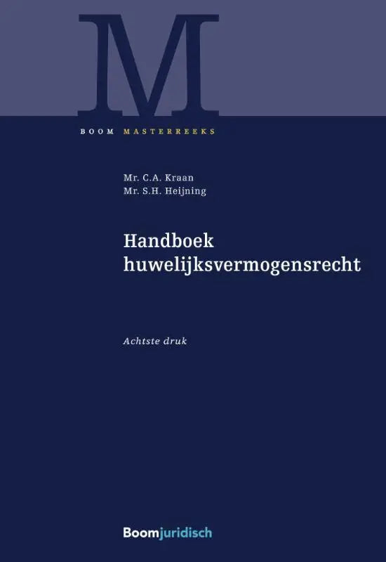 Diep marineblauw boek handboek huwelijksvermogensrecht met witte serif titel van koninklijke boom uitgevers